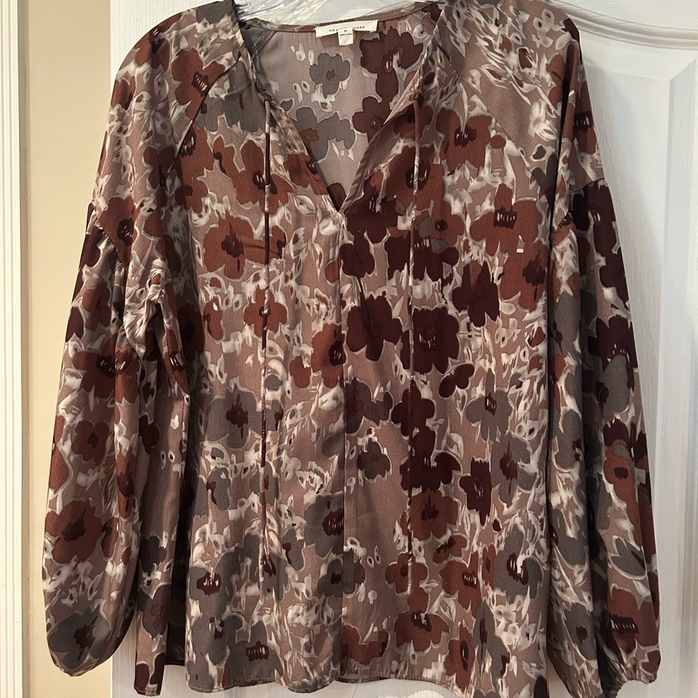 Brown and Tan Relaxed Blouse with Notched Collar